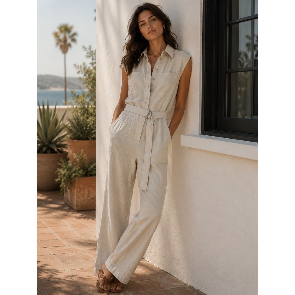 Maria Cher Jumpsuit Women Medium Oatmeal Beige Linen Belted Utility Sleeveless